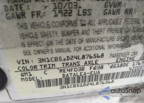 2004 Nissan Sentra 1.8S z USA, uszkodzony, nr VIN 3N1CB51D24L876568